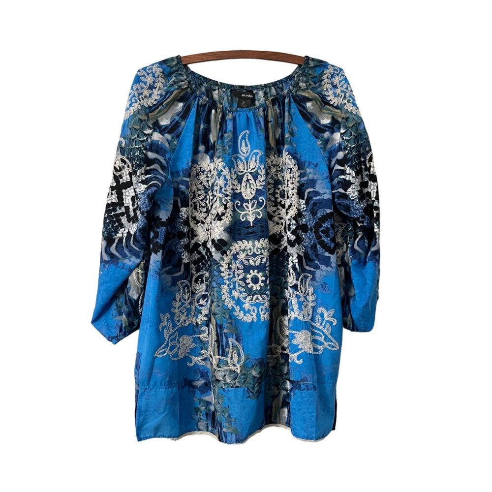 Ali Miles Blue Embroidered Animal Print Peasant Tunic Blouse Top Plus Size 0X